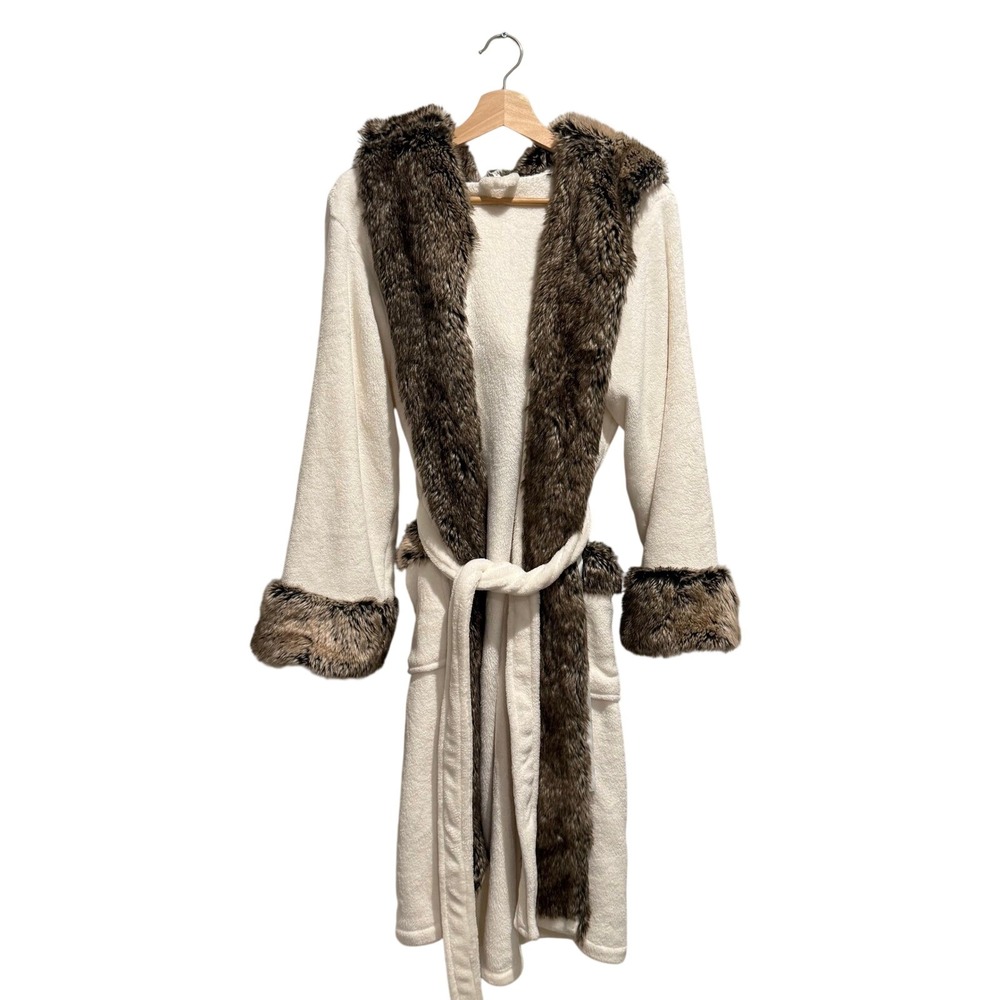Pottery‎ Barn Womens Ivory Faux Fur Trim Hooded Fleece Robe M/L